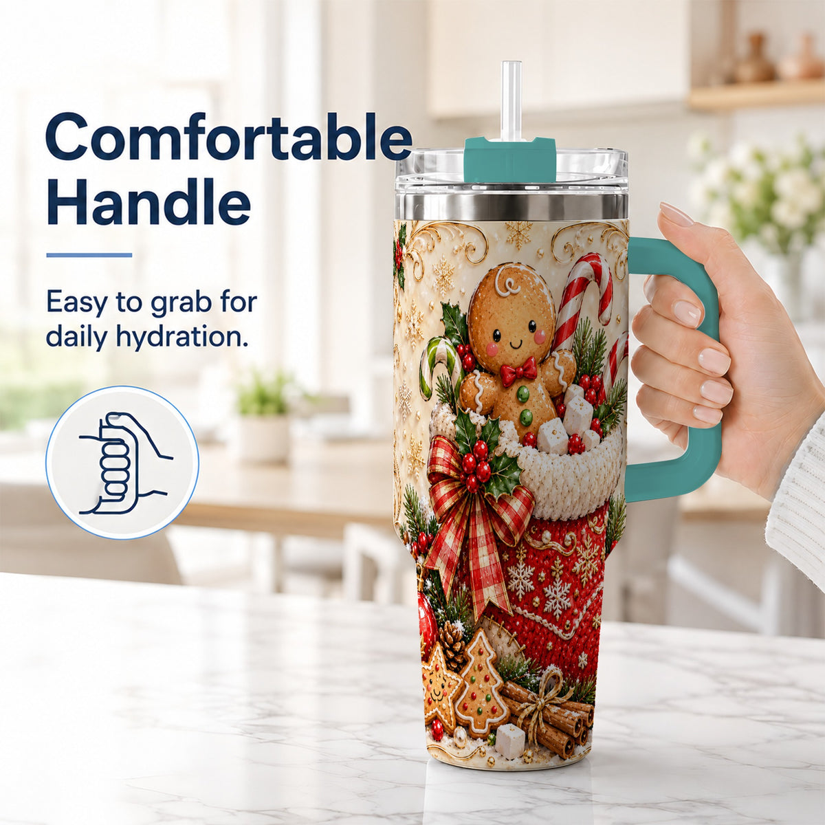 #pl[40oz|Green] Ornate Gingerbread 40oz Tumbler with Handle, Christmas Travel Cup