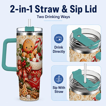 #pl[40oz|Green] Ornate Gingerbread 40oz Tumbler with Handle, Christmas Travel Cup
