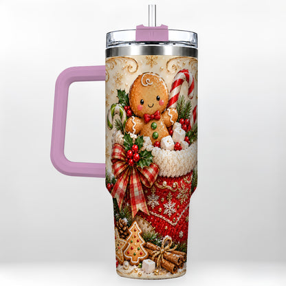 #pl[40oz|Pink] Ornate Gingerbread 40oz Tumbler with Handle, Christmas Travel Cup