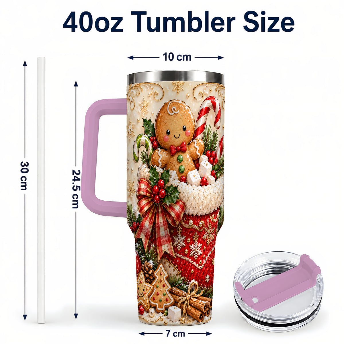 #pl[40oz|Pink] Ornate Gingerbread 40oz Tumbler with Handle, Christmas Travel Cup