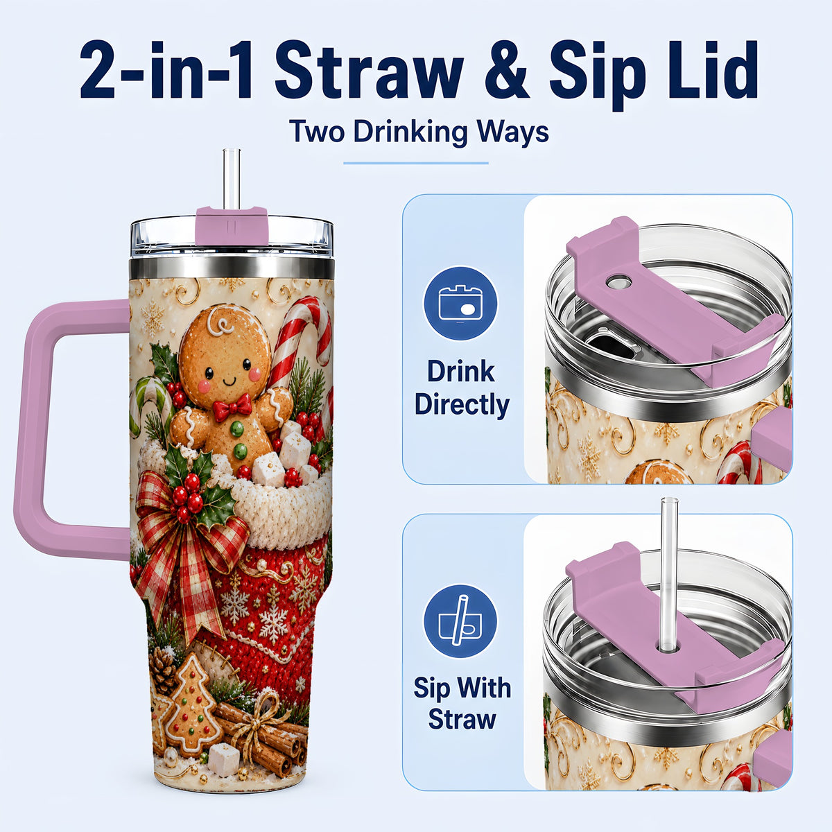 #pl[40oz|Pink] Ornate Gingerbread 40oz Tumbler with Handle, Christmas Travel Cup
