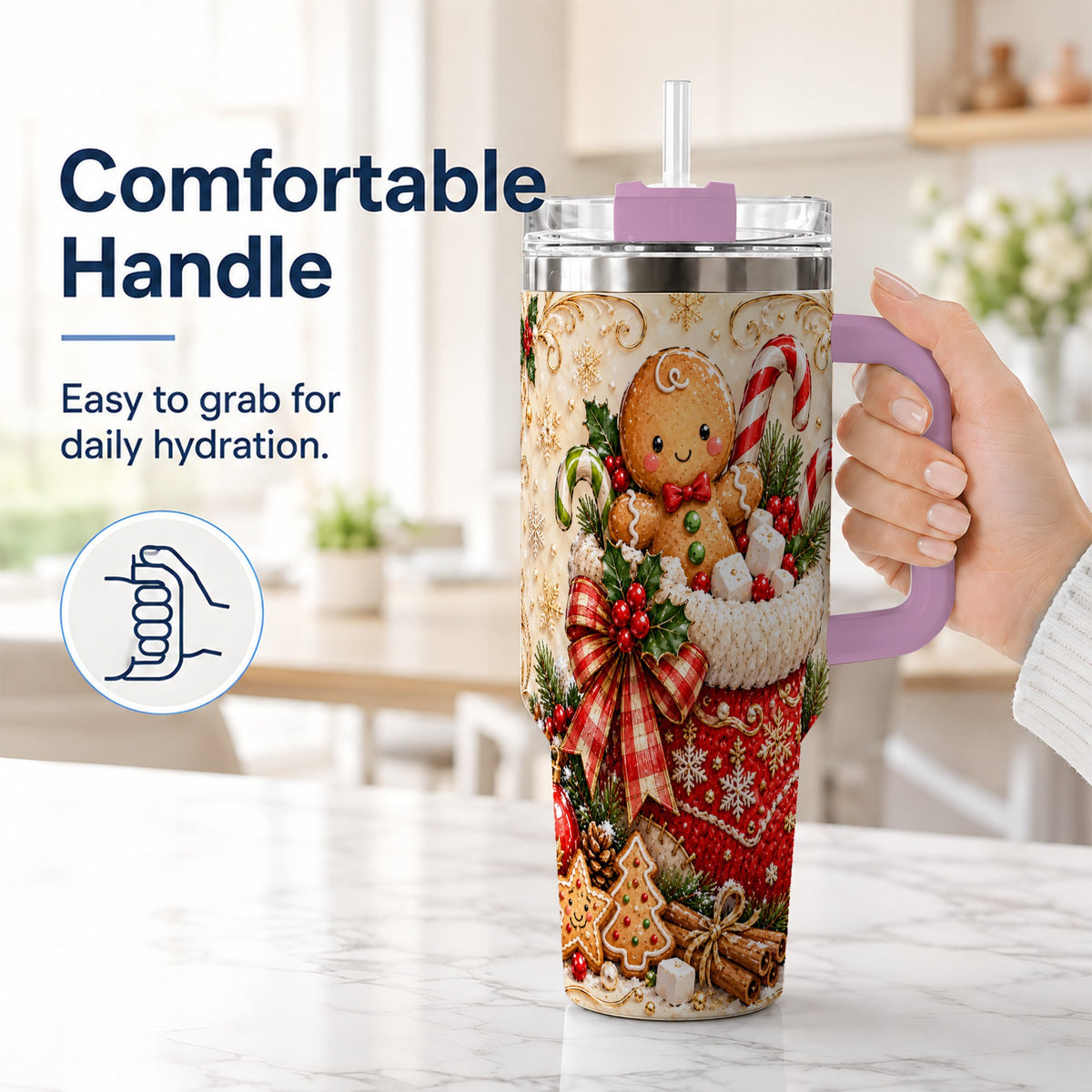#pl[40oz|Pink] Ornate Gingerbread 40oz Tumbler with Handle, Christmas Travel Cup