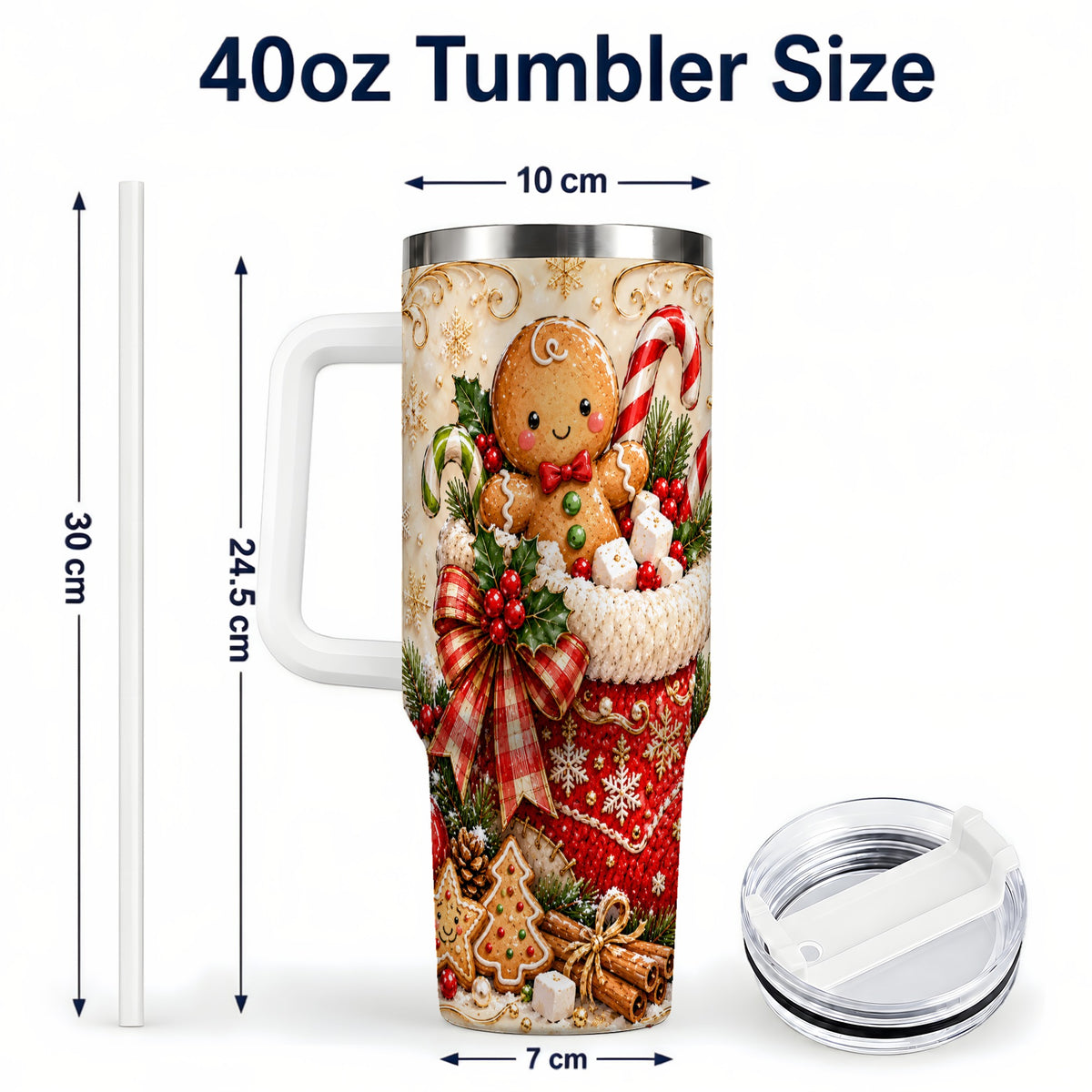#pl[40oz|White] Ornate Gingerbread 40oz Tumbler with Handle, Christmas Travel Cup