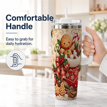 #pl[40oz|White] Ornate Gingerbread 40oz Tumbler with Handle, Christmas Travel Cup