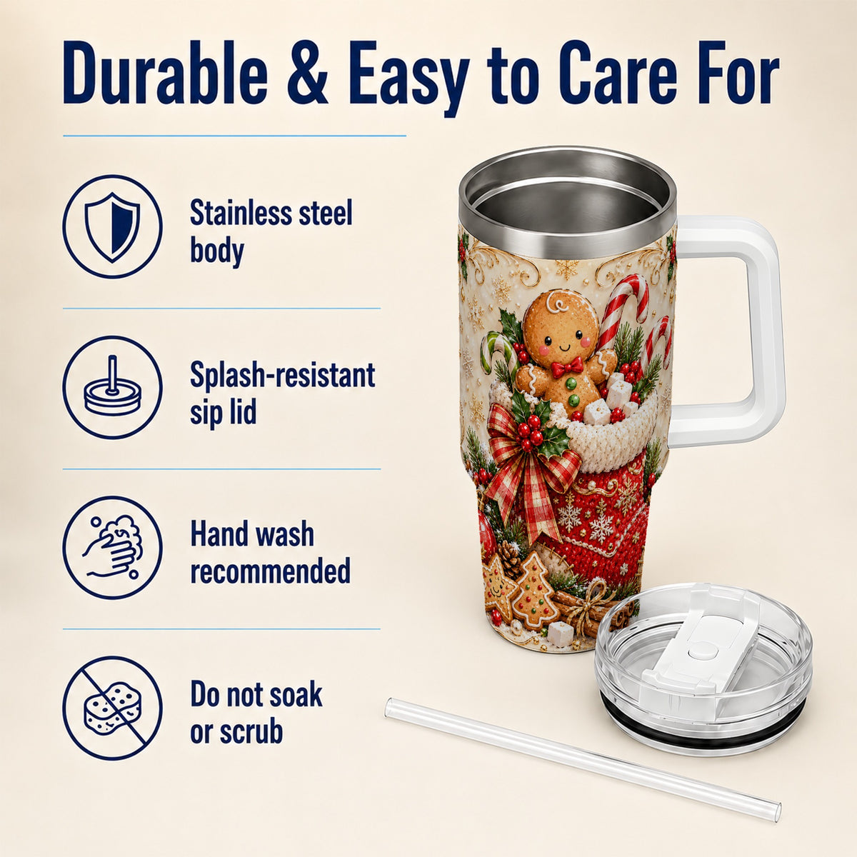 Ornate Gingerbread 40oz Tumbler with Handle, Christmas Travel Cup
