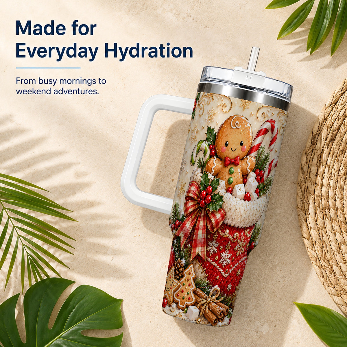 Ornate Gingerbread 40oz Tumbler with Handle, Christmas Travel Cup