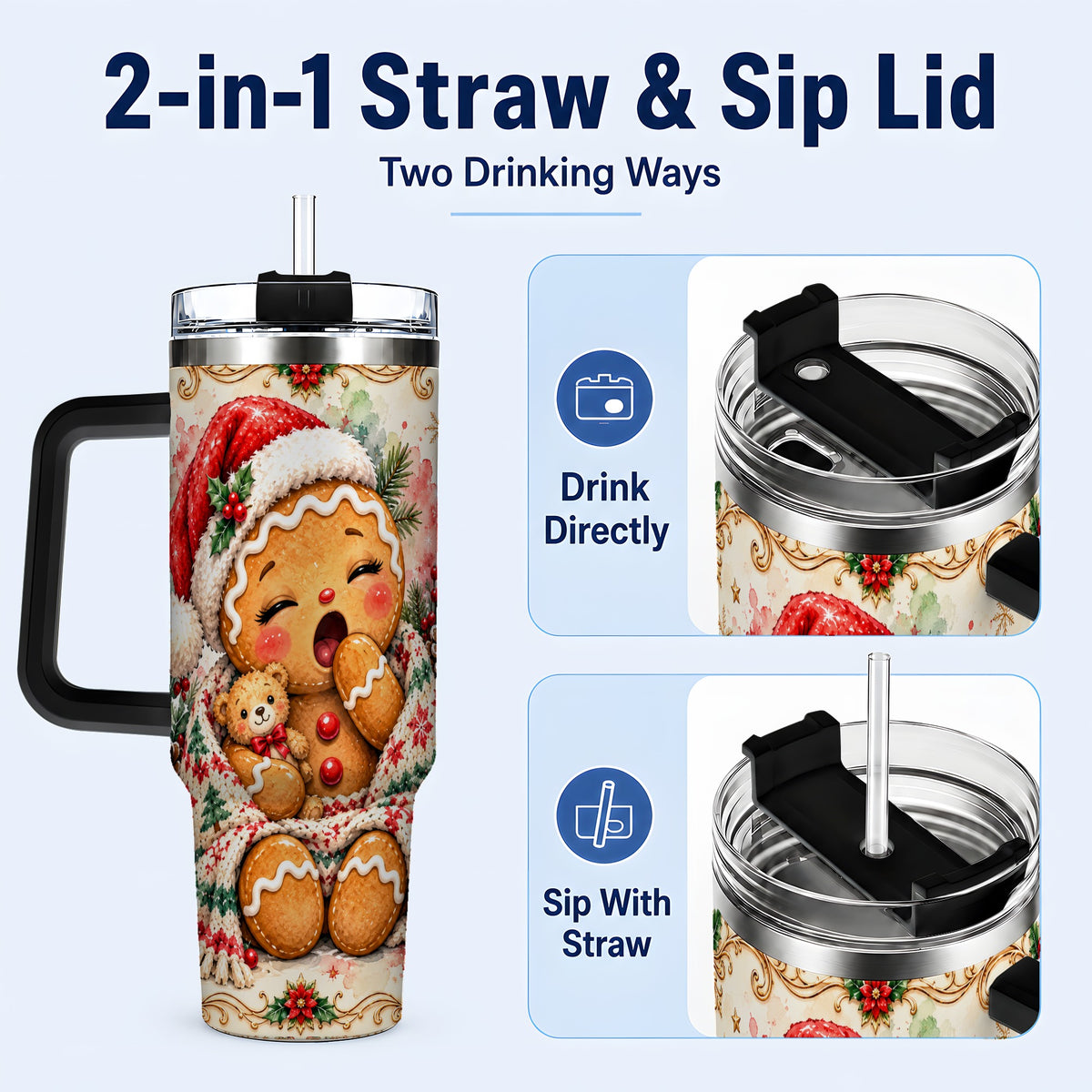 #pl[40oz|Black] Cozy Gingerbread 40oz Tumbler with Handle, Winter Holiday Travel Cup
