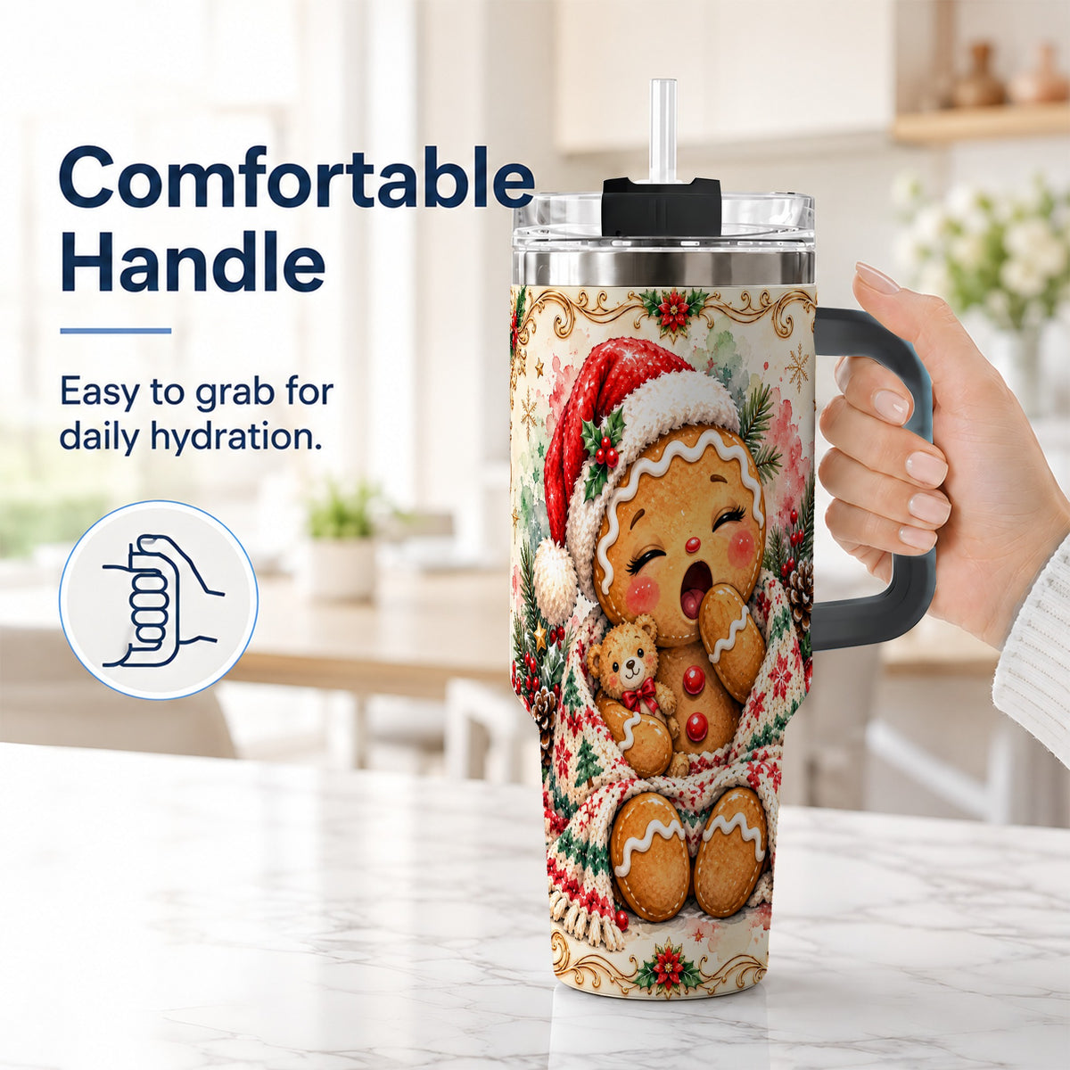 #pl[40oz|Black] Cozy Gingerbread 40oz Tumbler with Handle, Winter Holiday Travel Cup