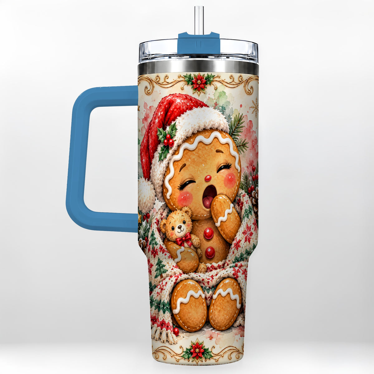 #pl[40oz|Blue] Cozy Gingerbread 40oz Tumbler with Handle, Winter Holiday Travel Cup