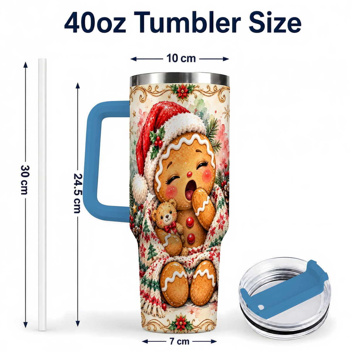 #pl[40oz|Blue] Cozy Gingerbread 40oz Tumbler with Handle, Winter Holiday Travel Cup