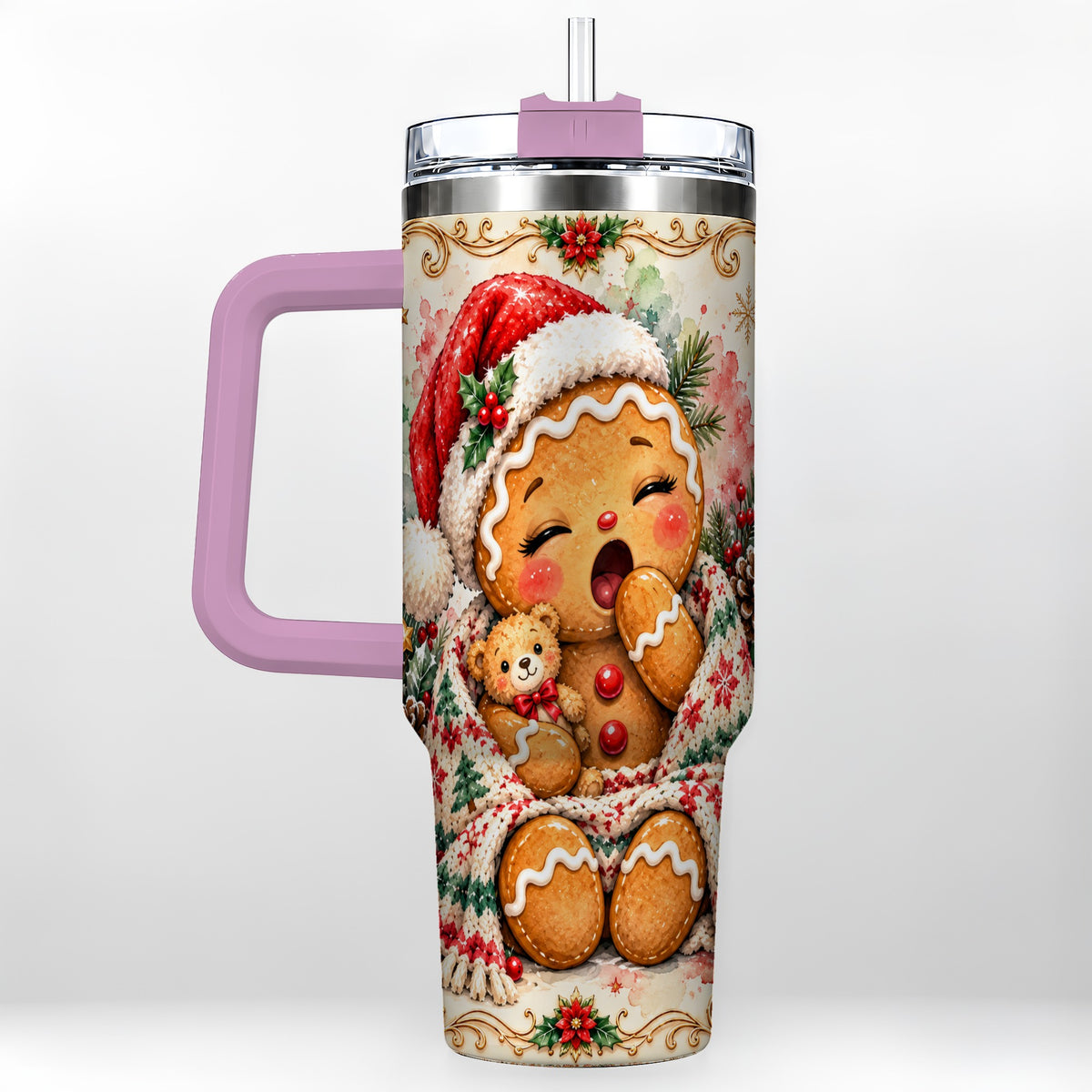 #pl[40oz|Pink] Cozy Gingerbread 40oz Tumbler with Handle, Winter Holiday Travel Cup