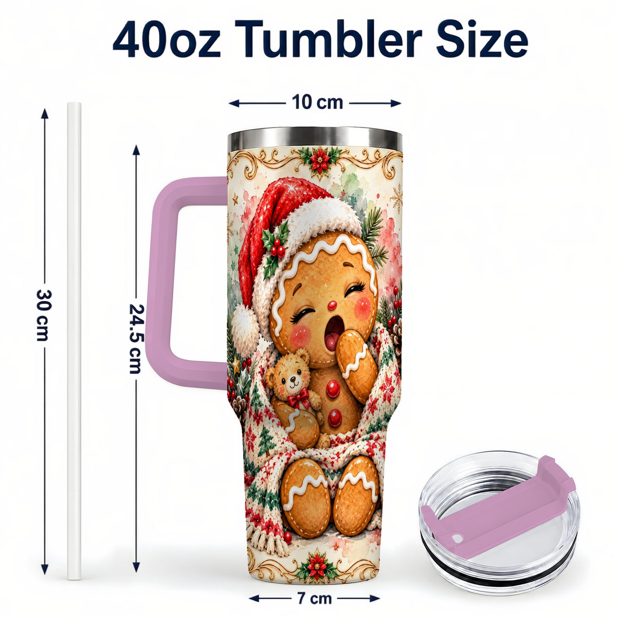 #pl[40oz|Pink] Cozy Gingerbread 40oz Tumbler with Handle, Winter Holiday Travel Cup