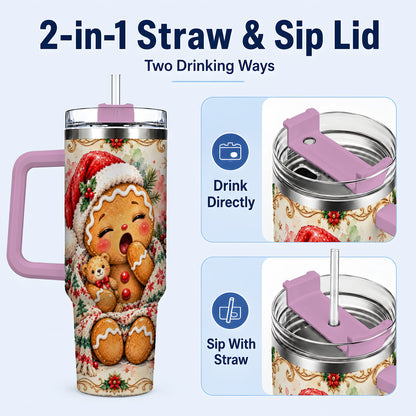 #pl[40oz|Pink] Cozy Gingerbread 40oz Tumbler with Handle, Winter Holiday Travel Cup