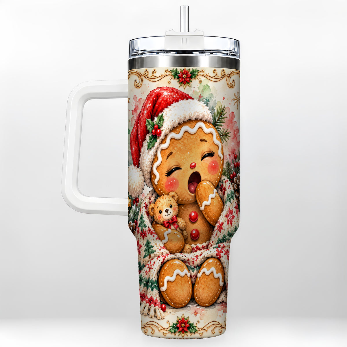 Cozy Gingerbread 40oz Tumbler with Handle, Winter Holiday Travel Cup