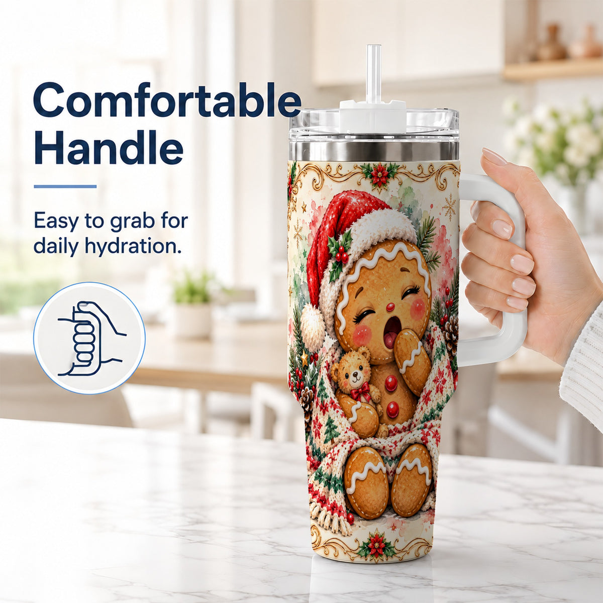 #pl[40oz|White] Cozy Gingerbread 40oz Tumbler with Handle, Winter Holiday Travel Cup