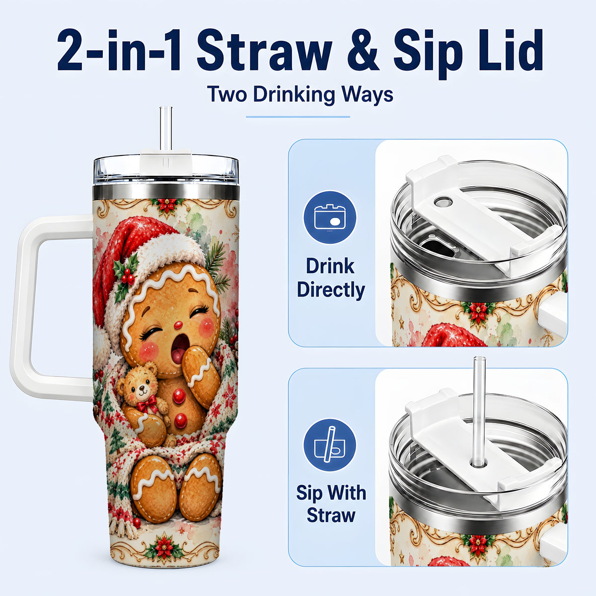 #pl[40oz|White] Cozy Gingerbread 40oz Tumbler with Handle, Winter Holiday Travel Cup