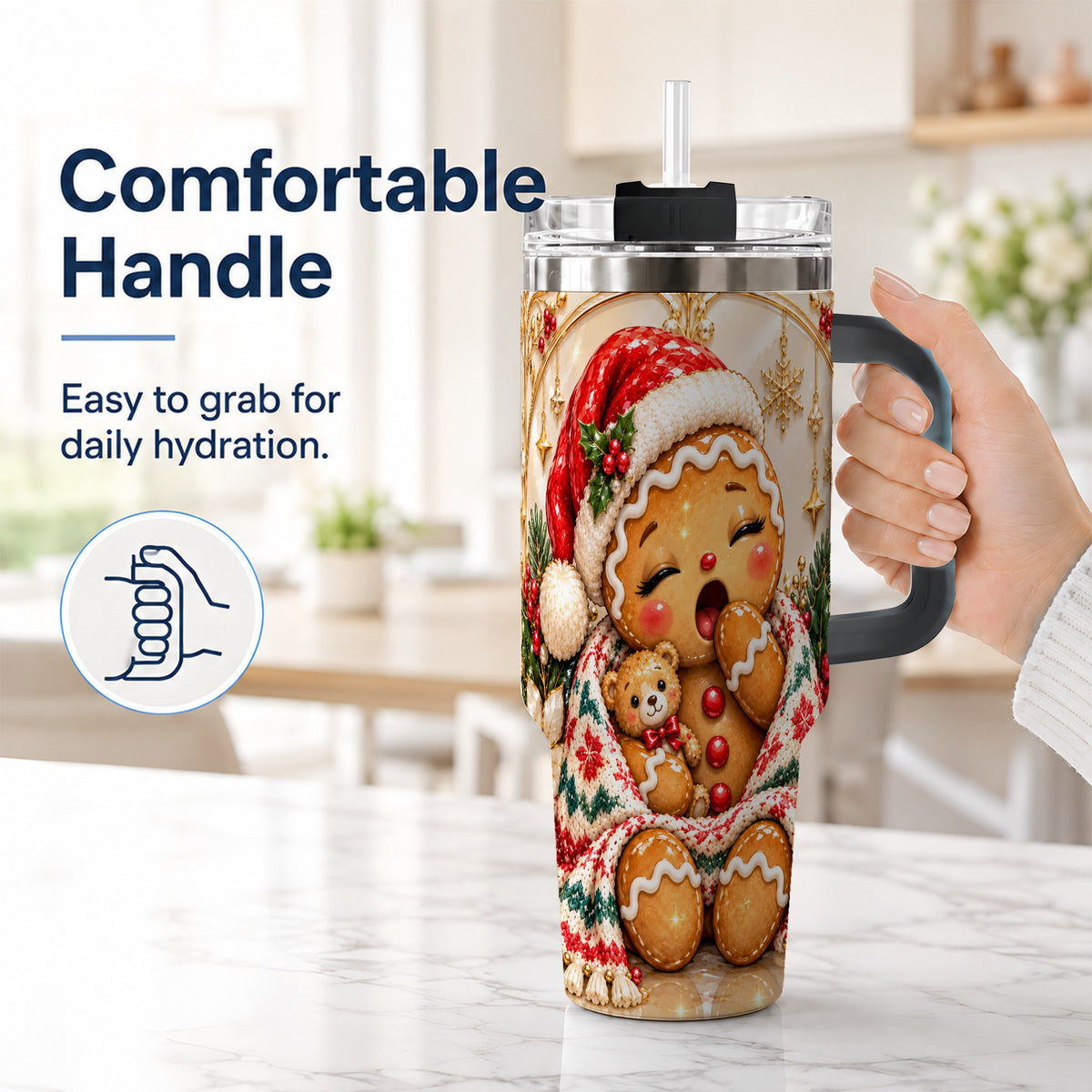 #pl[40oz|Black] Cozy Gingerbread 40oz Tumbler with Handle, Christmas Travel Cup