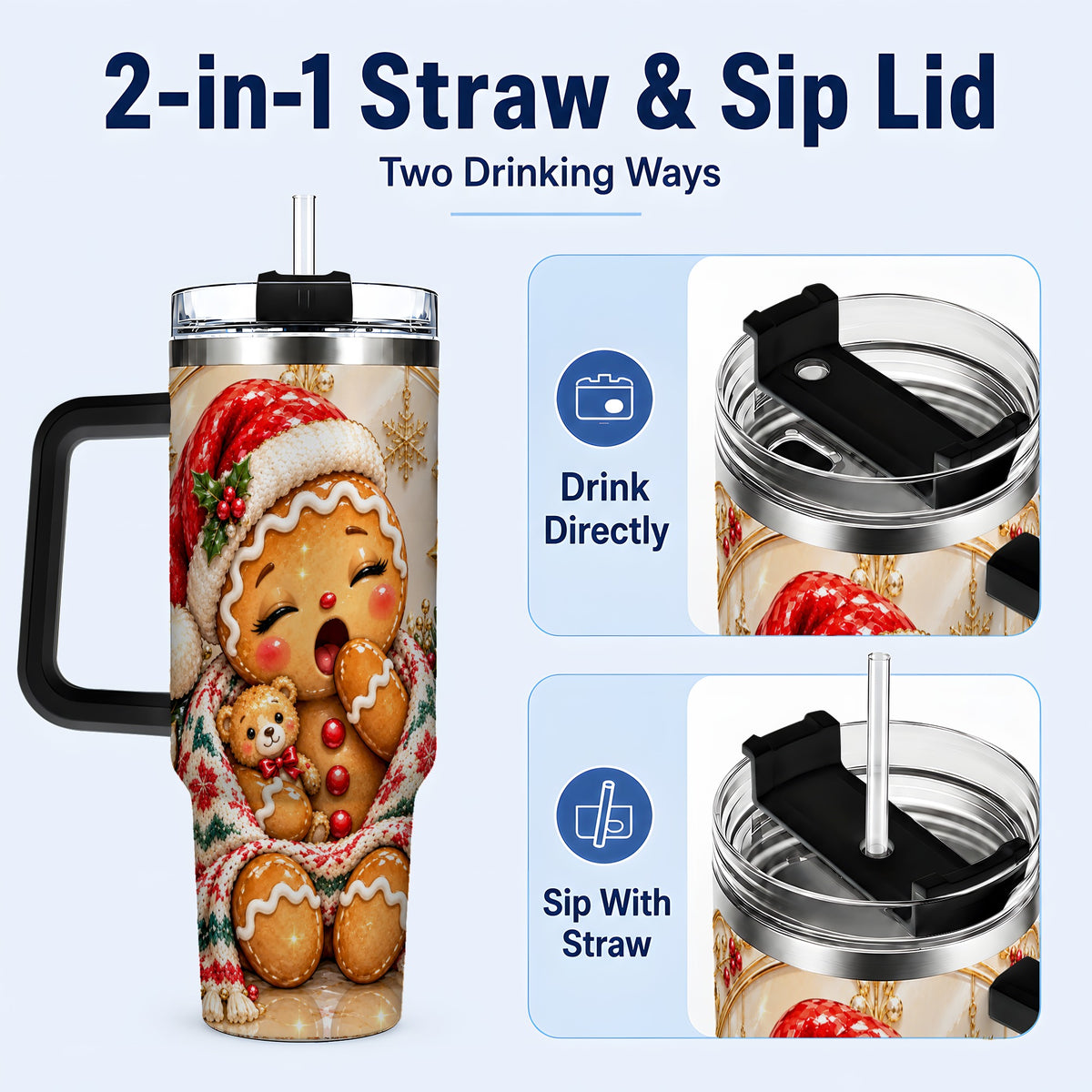 #pl[40oz|Black] Cozy Gingerbread 40oz Tumbler with Handle, Christmas Travel Cup