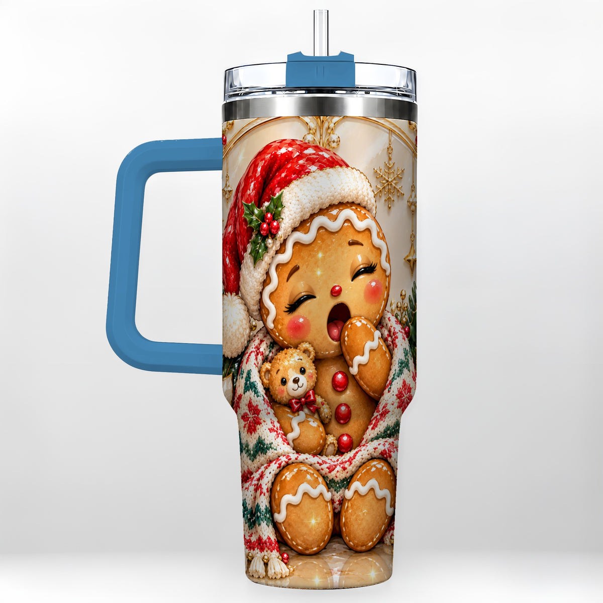 #pl[40oz|Blue] Cozy Gingerbread 40oz Tumbler with Handle, Christmas Travel Cup