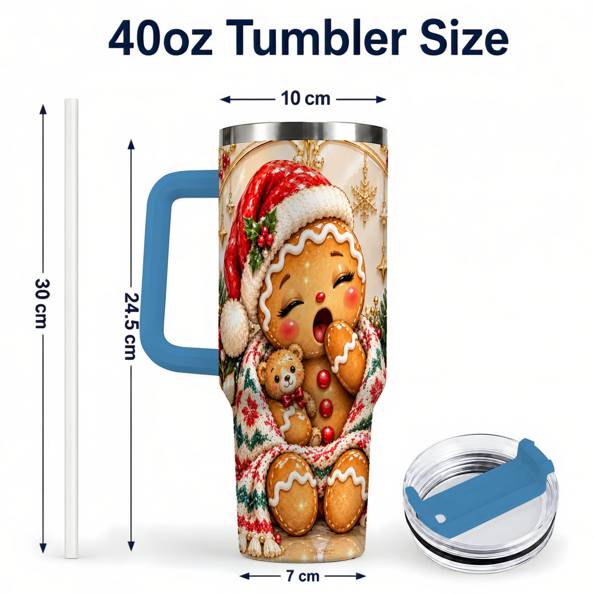 #pl[40oz|Blue] Cozy Gingerbread 40oz Tumbler with Handle, Christmas Travel Cup