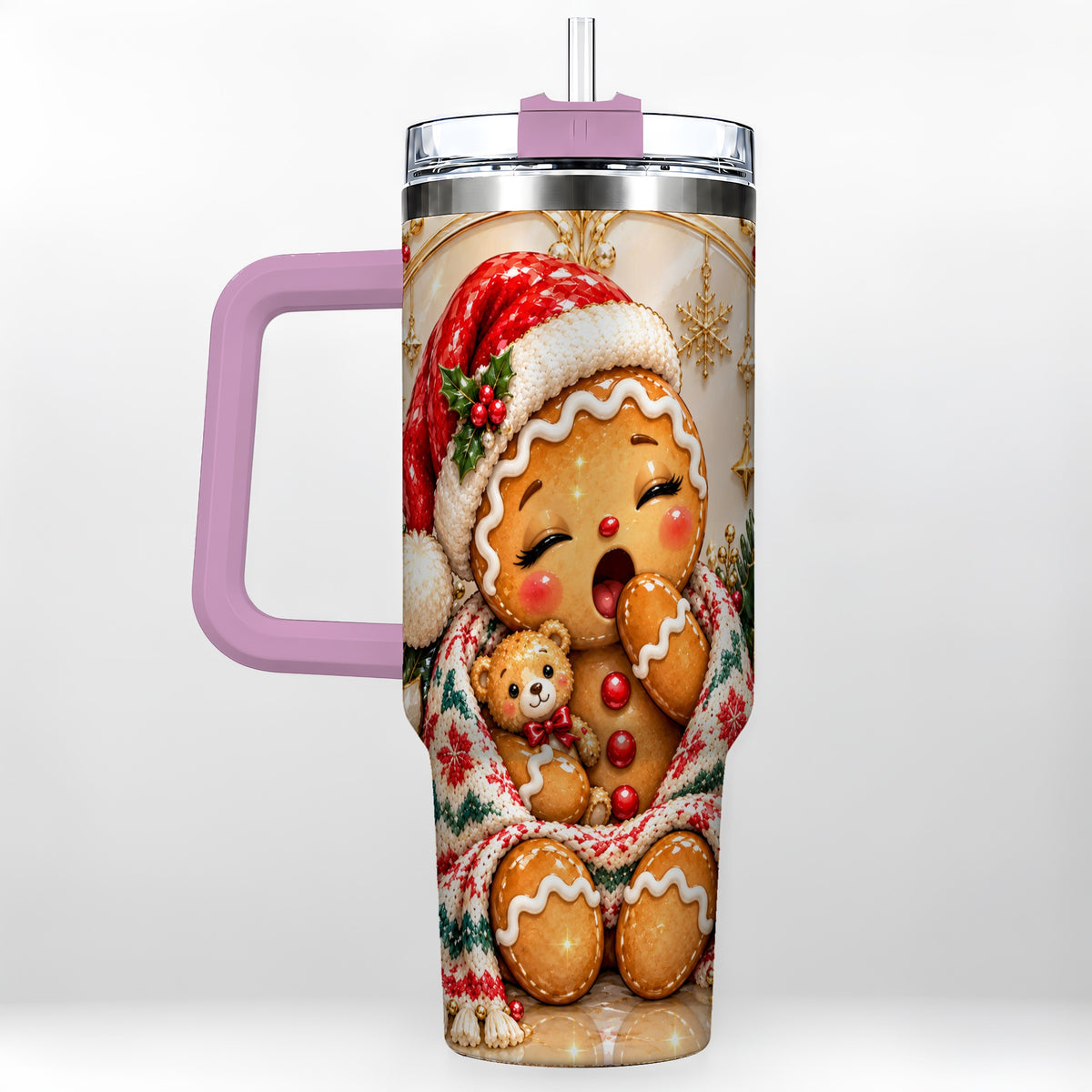 #pl[40oz|Pink] Cozy Gingerbread 40oz Tumbler with Handle, Christmas Travel Cup