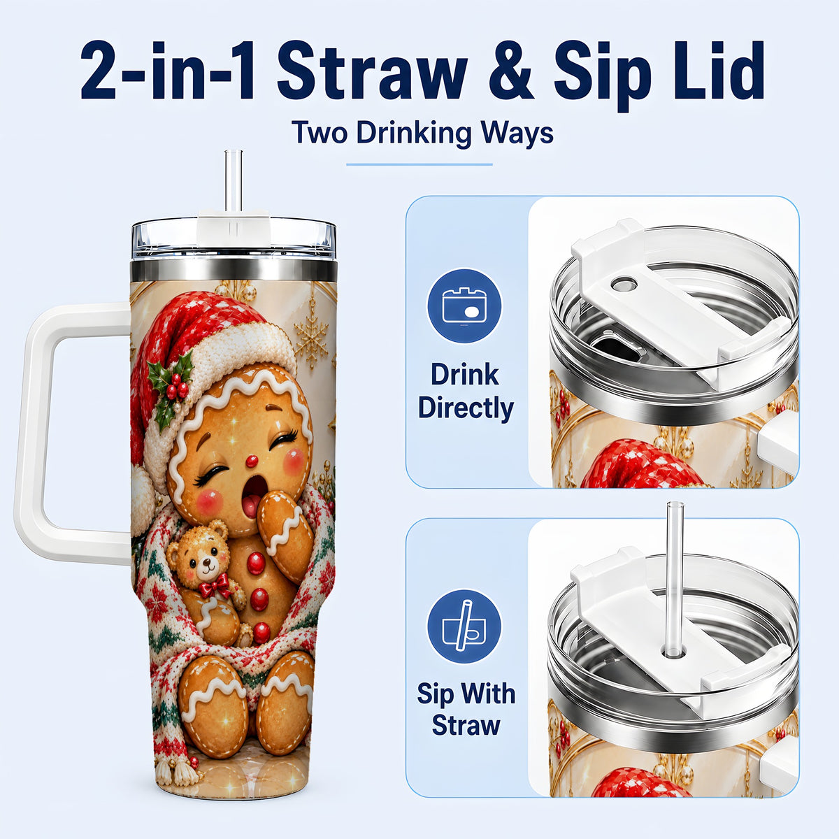 #pl[40oz|White] Cozy Gingerbread 40oz Tumbler with Handle, Christmas Travel Cup
