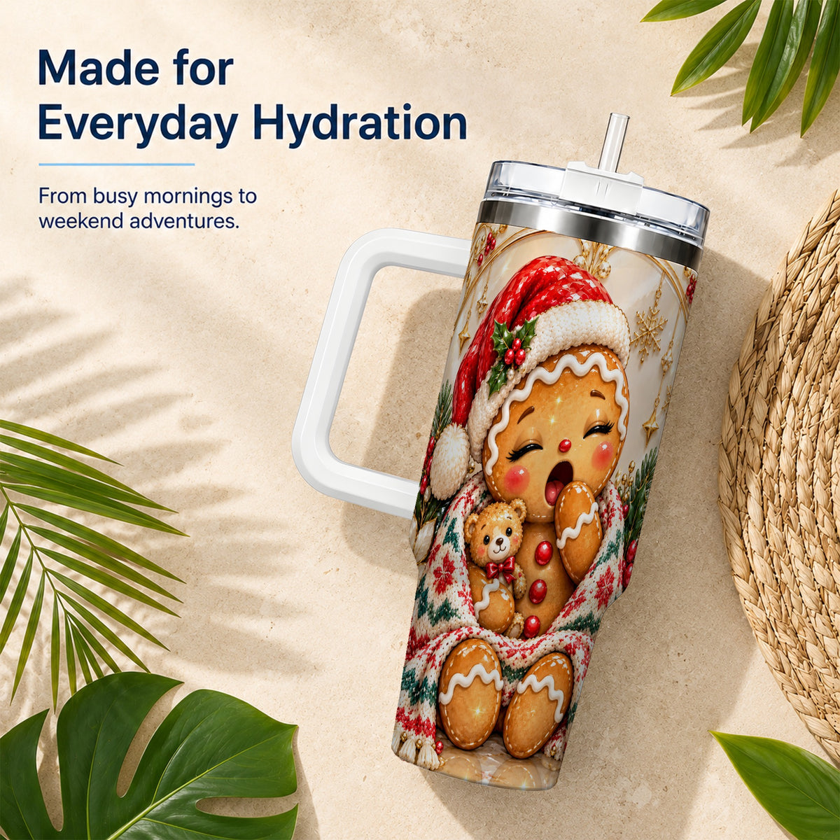 Cozy Gingerbread 40oz Tumbler with Handle, Christmas Travel Cup