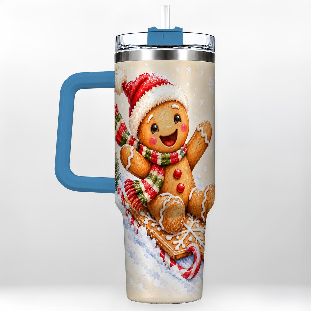 #pl[40oz|Blue] Gingerbread Sledding 40oz Tumbler, Christmas Stainless Steel Travel Cup
