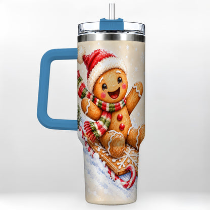#pl[40oz|Blue] Gingerbread Sledding 40oz Tumbler, Christmas Stainless Steel Travel Cup