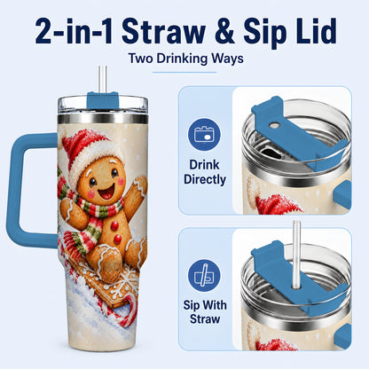 #pl[40oz|Blue] Gingerbread Sledding 40oz Tumbler, Christmas Stainless Steel Travel Cup
