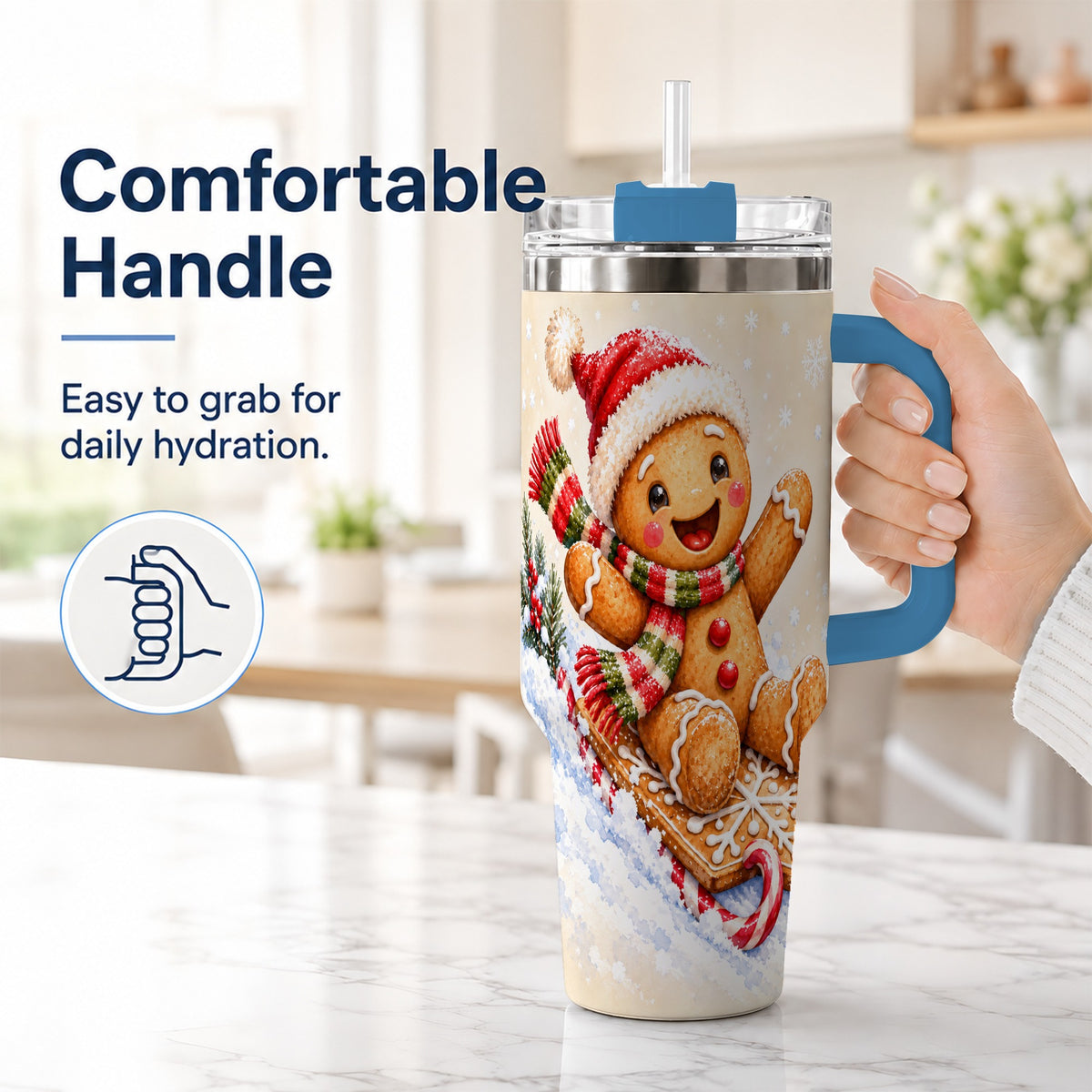 #pl[40oz|Blue] Gingerbread Sledding 40oz Tumbler, Christmas Stainless Steel Travel Cup