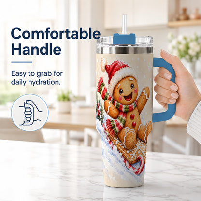 #pl[40oz|Blue] Gingerbread Sledding 40oz Tumbler, Christmas Stainless Steel Travel Cup