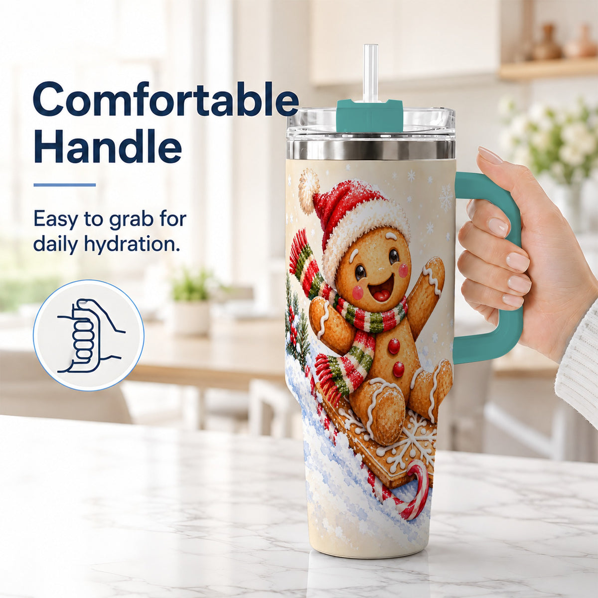 #pl[40oz|Green] Gingerbread Sledding 40oz Tumbler, Christmas Stainless Steel Travel Cup