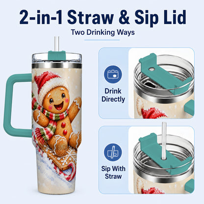 #pl[40oz|Green] Gingerbread Sledding 40oz Tumbler, Christmas Stainless Steel Travel Cup