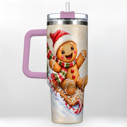 #pl[40oz|Pink] Gingerbread Sledding 40oz Tumbler, Christmas Stainless Steel Travel Cup