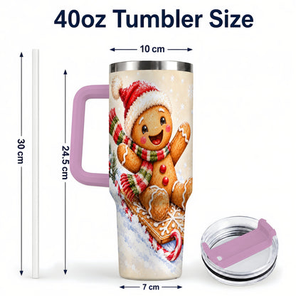 #pl[40oz|Pink] Gingerbread Sledding 40oz Tumbler, Christmas Stainless Steel Travel Cup