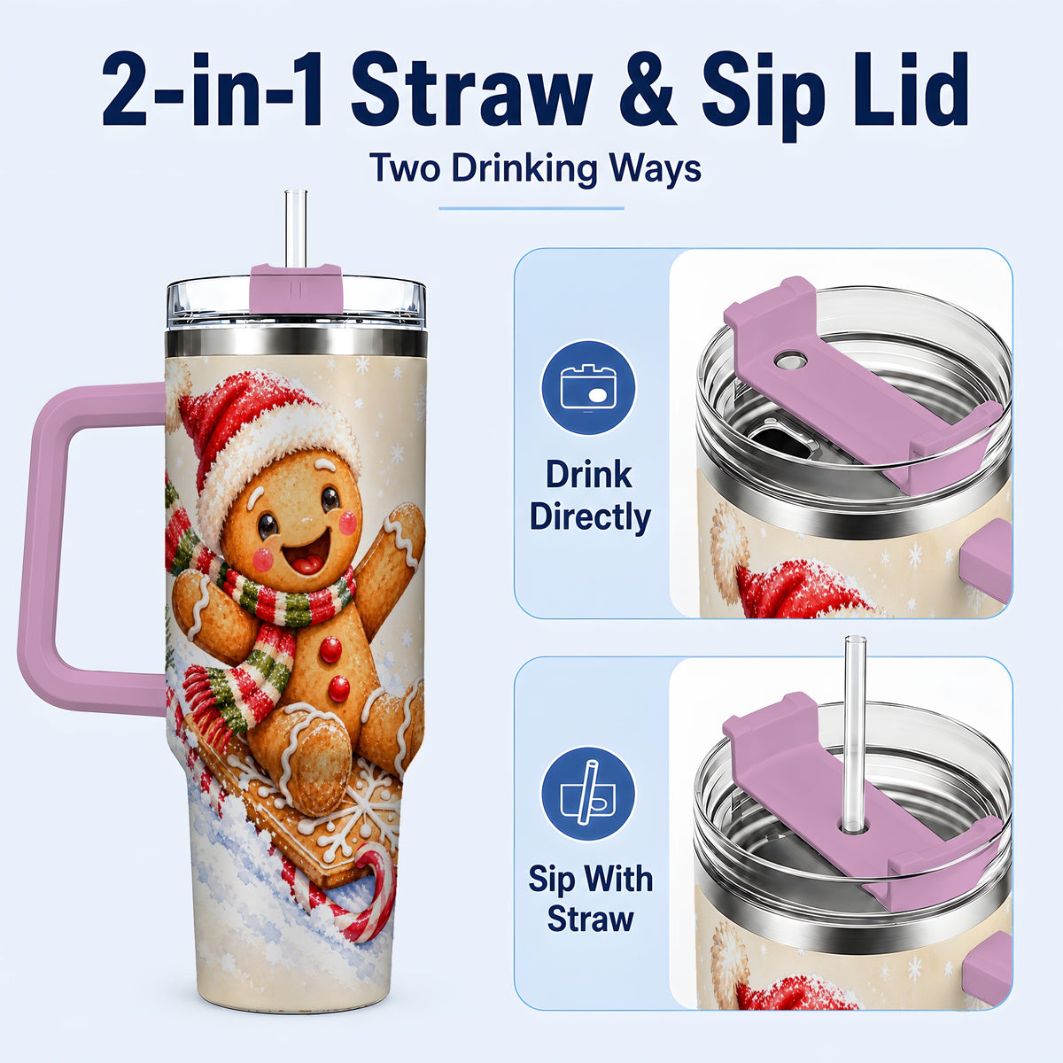 #pl[40oz|Pink] Gingerbread Sledding 40oz Tumbler, Christmas Stainless Steel Travel Cup