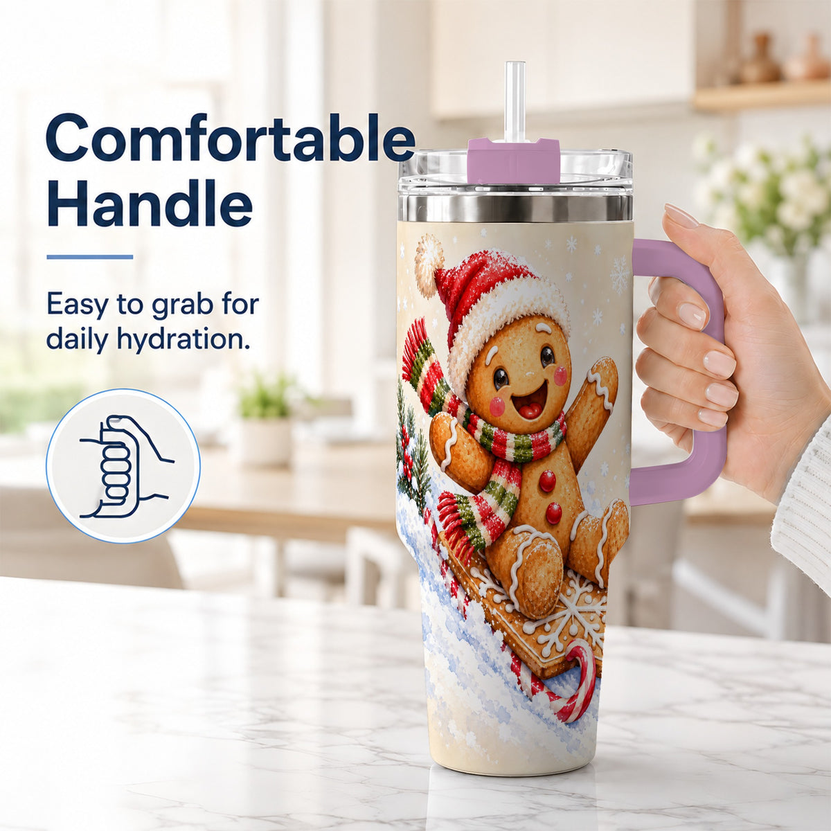#pl[40oz|Pink] Gingerbread Sledding 40oz Tumbler, Christmas Stainless Steel Travel Cup