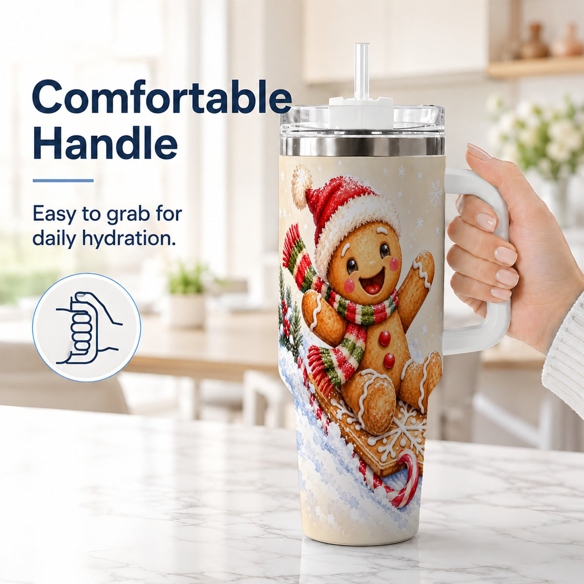 #pl[40oz|White] Gingerbread Sledding 40oz Tumbler, Christmas Stainless Steel Travel Cup