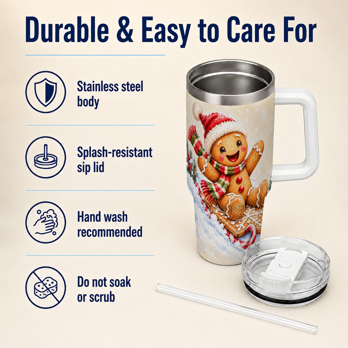 Gingerbread Sledding 40oz Tumbler, Christmas Stainless Steel Travel Cup