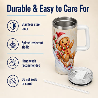 Gingerbread Sledding 40oz Tumbler, Christmas Stainless Steel Travel Cup