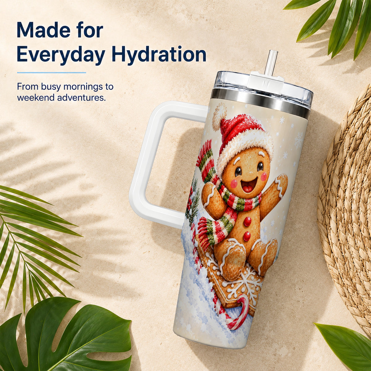 Gingerbread Sledding 40oz Tumbler, Christmas Stainless Steel Travel Cup