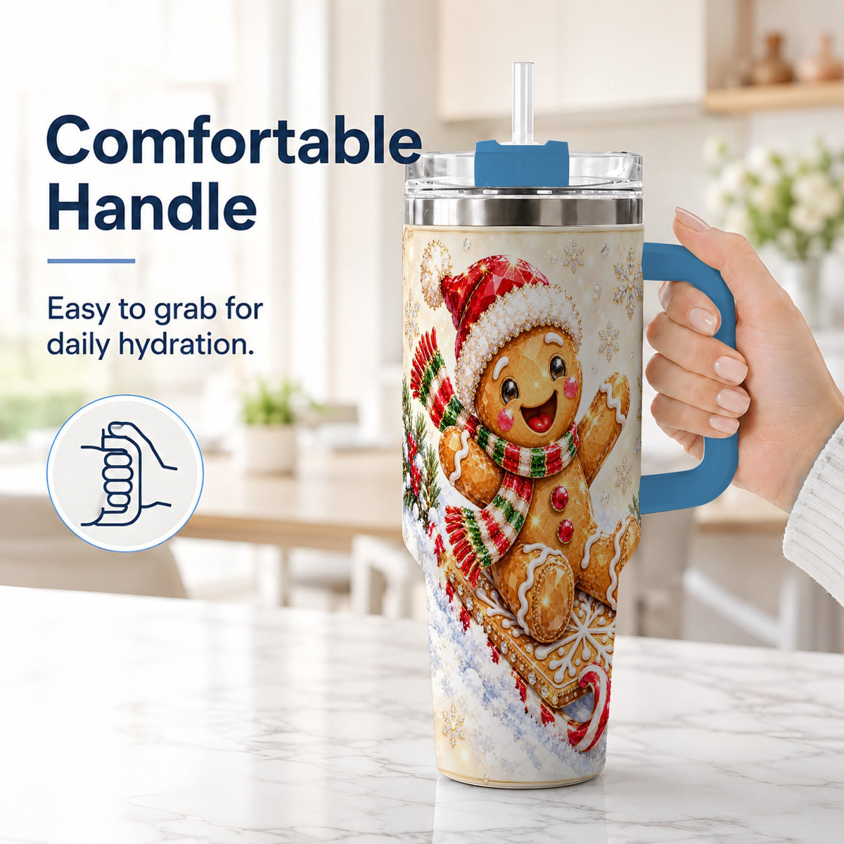 #pl[40oz|Blue] Jeweled Gingerbread 40oz Tumbler, Christmas Stainless Steel Travel Cup