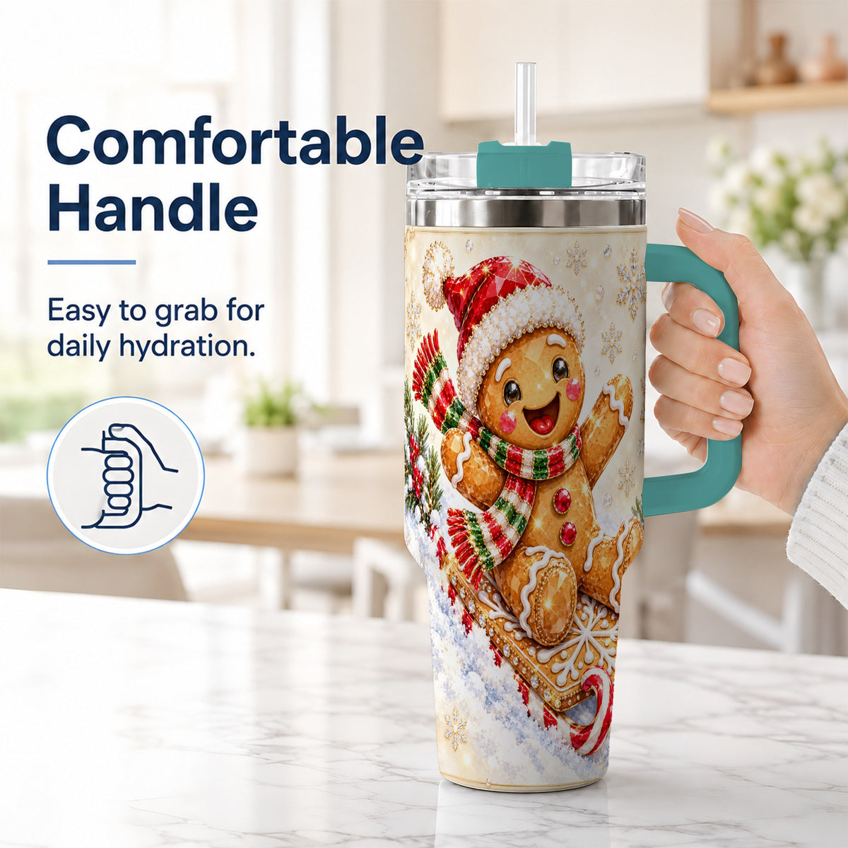 #pl[40oz|Green] Jeweled Gingerbread 40oz Tumbler, Christmas Stainless Steel Travel Cup