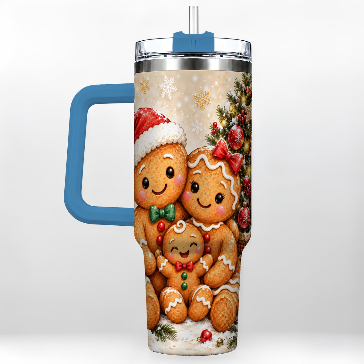 #pl[40oz|Blue] Gingerbread Family 40oz Tumbler, Christmas Stainless Steel Travel Cup