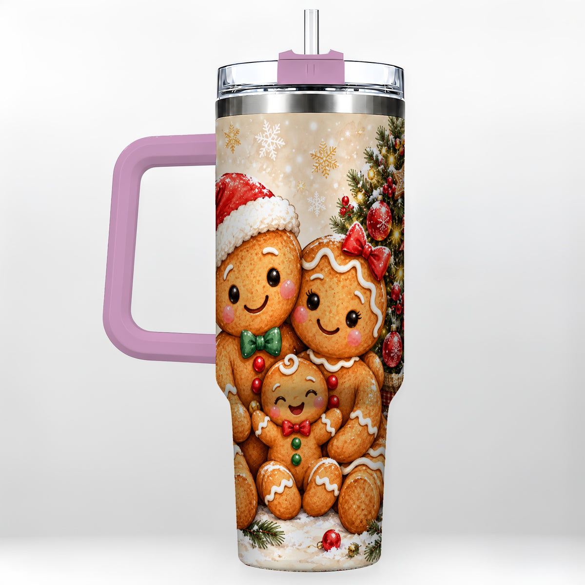 #pl[40oz|Pink] Gingerbread Family 40oz Tumbler, Christmas Stainless Steel Travel Cup