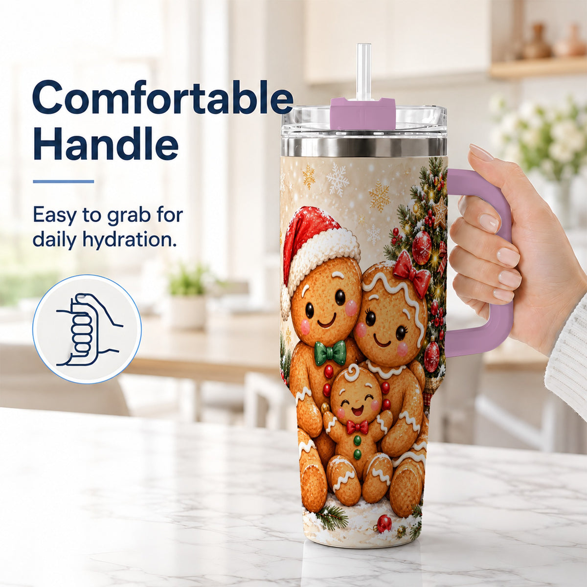 #pl[40oz|Pink] Gingerbread Family 40oz Tumbler, Christmas Stainless Steel Travel Cup