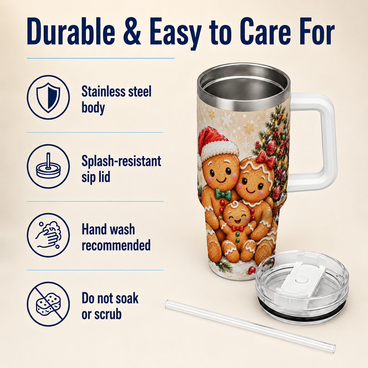 Gingerbread Family 40oz Tumbler, Christmas Stainless Steel Travel Cup