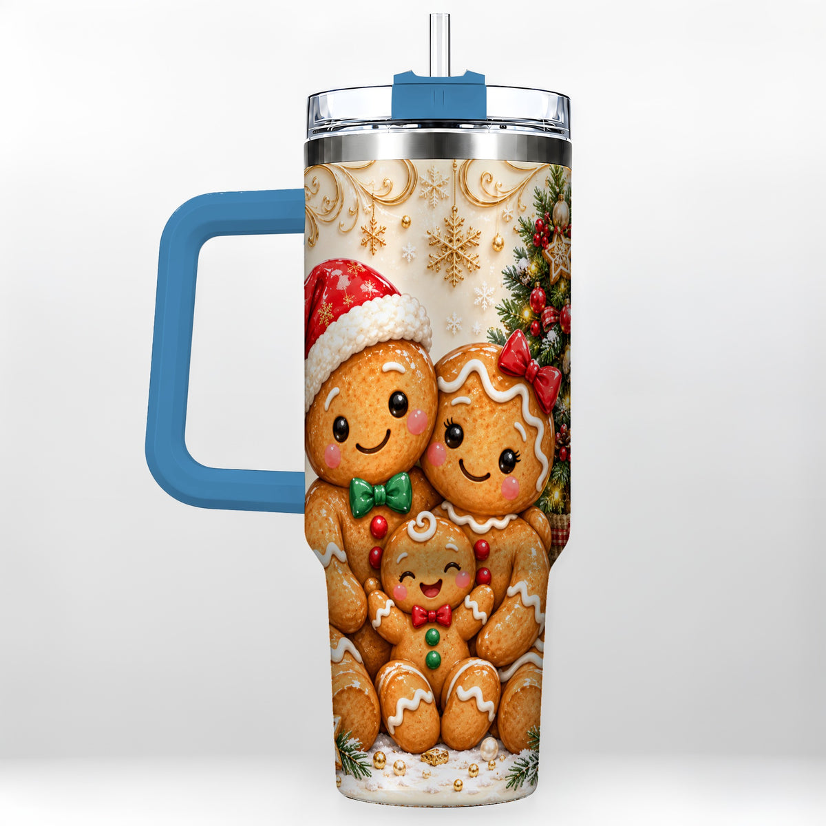 #pl[40oz|Blue] Ornate Gingerbread Family 40oz Tumbler, Stainless Steel Travel Cup