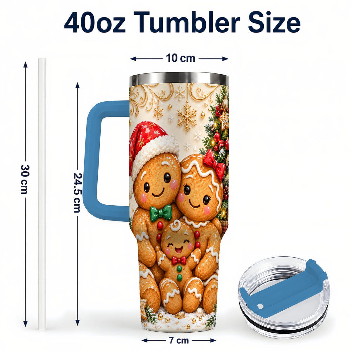 #pl[40oz|Blue] Ornate Gingerbread Family 40oz Tumbler, Stainless Steel Travel Cup